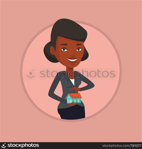 African-american insurance agent holding house model. Insurance agent protecting model of the house. Property insurance concept. Vector flat design illustration in the circle isolated on background.. Insurance agent protecting model of the house.