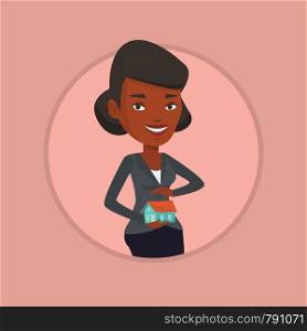 African-american insurance agent holding house model. Insurance agent protecting model of the house. Property insurance concept. Vector flat design illustration in the circle isolated on background.. Insurance agent protecting model of the house.