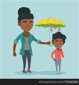 African-american insurance agent holding umbrella over a young woman. Woman standing under umbrella and question marks. Concept of protection and insurance. Vector cartoon illustration. Square layout.. Insurance agent holding umbrella over a woman.