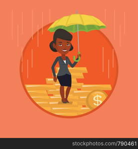 African-american insurance agent. Insurance agent holding umbrella over golden coins. Business insurance and protection concept. Vector flat design illustration in the circle isolated on background.. Business woman insurance agent with umbrella.