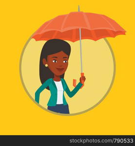 African-american insurance agent. Insurance agent standing under umbrella. Business insurance and business protection concept. Vector flat design illustration in the circle isolated on background.. Business woman insurance agent with umbrella.