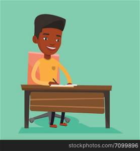 African-american journalist working at the table in office. Journalist sitting at the table and writing notes in notebook. Journalist writing an article. Vector flat design illustration. Square layout. Journalist writing in notebook with pencil.