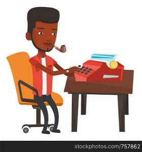 African-american journalist writing an article on vintage typewriter and smoking pipe. Concentrated journalist working on retro typewriter. Vector flat design illustration isolated on white background. Journalist working on retro typewriter.