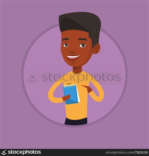 African-american journalist writing notes in notepad. Young journalist writing in notebook. Journalist writing notes with pencil. Vector flat design illustration in the circle isolated on background.. Journalist writing in notebook with pencil.