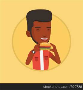 African-american joyful man eating hamburger. Happy man with eyes closed biting hamburger. Man is about to eat delicious hamburger. Vector flat design illustration in the circle isolated on background. Man eating hamburger vector illustration.