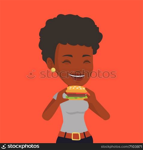 African-american joyful woman eating hamburger. Happy woman with eyes closed biting hamburger. Young smiling woman is about to eat delicious hamburger. Vector flat design illustration. Square layout.. Woman eating hamburger vector illustration.