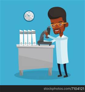 African-american laboratory assistant working with microscope. Young male scientist working in the laboratory. Laboratory assistant using a microscope. Vector flat design illustration. Square layout.. Laboratory assistant with microscope.