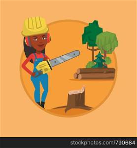 African-american lumberjack holding chainsaw. Lumberjack in workwear at the forest near stump. Female lumberjack chopping wood. Vector flat design illustration in the circle isolated on background.. Lumberjack with chainsaw vector illustration.