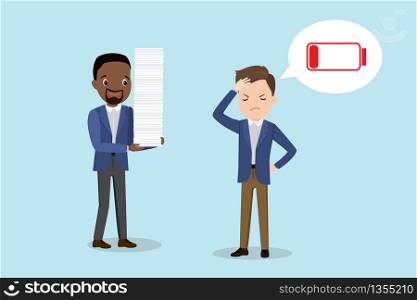 African american male boss with paper stack and tired employee man with red low battery,funny business illustration,flat vector design