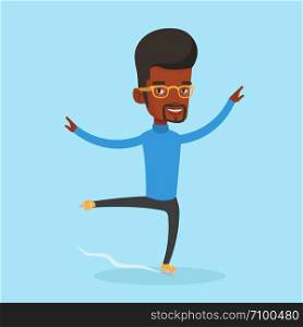 African-american male figure skater posing on skates. Professional male figure skater performing on ice skating rink. Young smiling ice skater dancing. Vector flat design illustration. Square layout.. Male figure skater vector illustration.