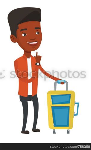 African-american male passenger waiting for a flight. Full length of male passenger standing with suitcase and pointing his forefinger up. Vector flat design illustration isolated on white background.. Young african passenger waiting for flight.