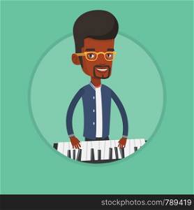 African-american male pianist playing on synthesizer. Young smiling musician playing piano. Pianist playing upright piano. Vector flat design illustration in the circle isolated on background.. Man playing piano vector illustration.