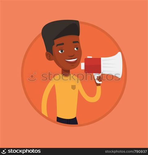 African-american male promoter holding a megaphone. Young male promoter speaking into a megaphone. Social media marketing concept. Vector flat design illustration in the circle isolated on background.. Young man speaking into megaphone.