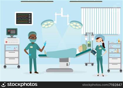 African american Male Surgeon and female nurse in the operating room,caucasian woman lying on the operating table,furniture and medical equipment,flat vector illustration