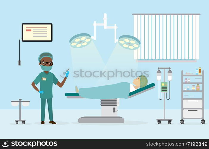 African american Male Surgeon in the operating room,caucasian woman lying on the operating table,furniture and medical equipment,flat vector illustration