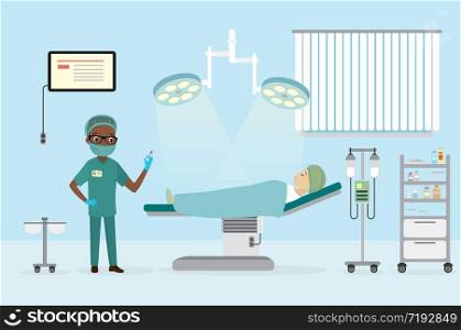 African american Male Surgeon in the operating room,caucasian woman lying on the operating table,furniture and medical equipment,flat vector illustration