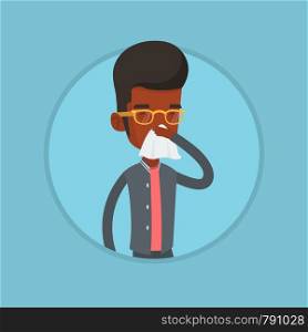 African-american man blowing his nose to paper napkin. Sick man sneezing. Man having an allergy and blowing his nose to a tissue. Vector flat design illustration in the circle isolated on background.. Young african-american sick man sneezing.