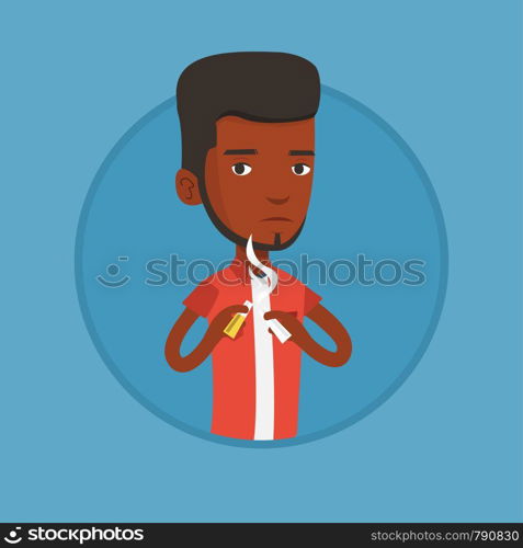 African-american man breaking the cigarette. Young man crushing cigarette. Man holding broken cigarette. Quit smoking concept. Vector flat design illustration in the circle isolated on background.. Young man quitting smoking vector illustration.