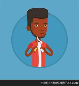 African-american man breaking the cigarette. Young man crushing cigarette. Man holding broken cigarette. Quit smoking concept. Vector flat design illustration in the circle isolated on background.. Young man quitting smoking vector illustration.