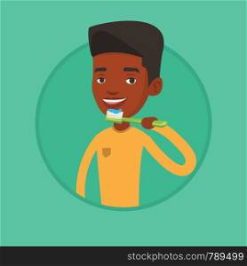 African-american man brushing his teeth. Smiling man cleaning teeth. Man taking care of his teeth. Guy with toothbrush in hand. Vector flat design illustration in the circle isolated on background.. Man brushing her teeth vector illustration.