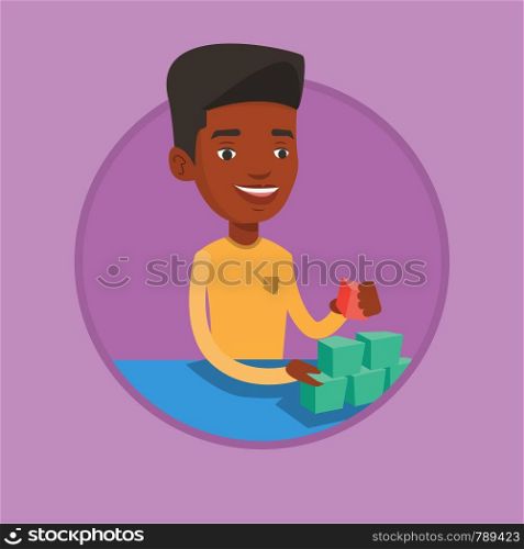 African-american man building his social network. Young man making social network pyramid. Networking and communication concept. Vector flat design illustration in the circle isolated on background.. Man building social network pyramid.