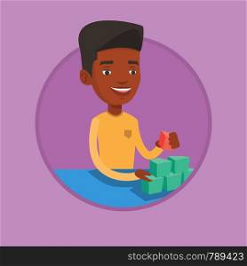 African-american man building his social network. Young man making social network pyramid. Networking and communication concept. Vector flat design illustration in the circle isolated on background.. Man building social network pyramid.