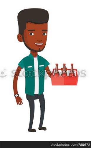 African-american man buying beer. Young happy man holding pack of beer. Full length of cheerful man carrying a six pack of beer. Vector flat design illustration isolated on white background.. Man with pack of beer vector illustration.
