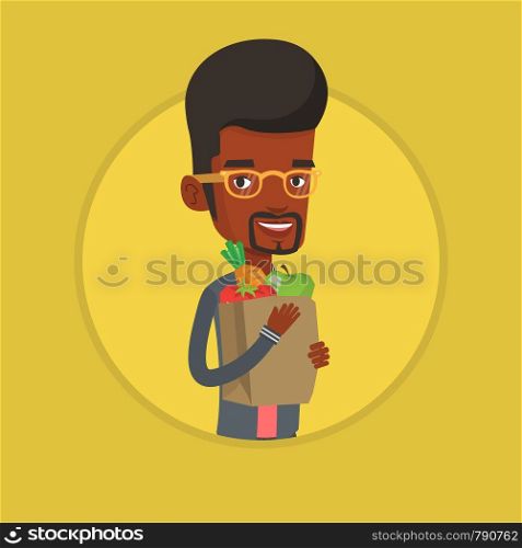African-american man carrying grocery shopping bag with vegetables. Young man holding grocery shopping bag with healthy food. Vector flat design illustration in the circle isolated on background.. Happy man holding grocery shopping bag.