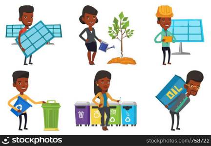 African-american man carrying recycling bin. Young woman throwing away plastic bottle in recycling bin. Waste recycling concept. Set of vector flat design illustrations isolated on white background.. Vector set of characters on ecology issues.