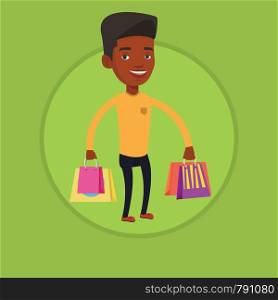 African-american man carrying shopping bags. Young smiling man holding shopping bags. Man standing with a lot of shopping bags. Vector flat design illustration in the circle isolated on background.. Happy man with shopping bags vector illustration