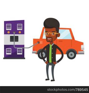 African-american man charging electric car at charging station. Man standing near power supply for electric car. Charging of electric car. Vector flat design illustration isolated on white background.. Charging of electric car vector illustration.