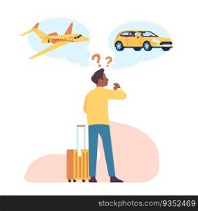African American man chooses way transportation for traveling. Dilemma between plane or car. Pensive traveler. Thoughtful person making decision. Aircraft or automobile. Solve question. Vector concept. African American man chooses way transportation for traveling. Dilemma between plane or car. Thoughtful person making decision. Aircraft or automobile. Solve question. Vector concept