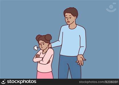 African American man comforts offended preteen girl after argument or punishment due to bad grades in school. Offended child turned away from father who does not want to spend time together . African American man comforts offended preteen girl after argument or punishment