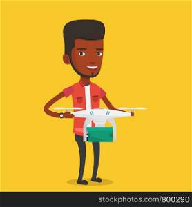 African-american man controlling delivery drone with post package. Man getting post package from delivery drone. Man sending parcel with delivery drone. Vector flat design illustration. Square layout.. Man controlling delivery drone with post package