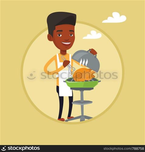African-american man cooking chicken on barbecue grill outdoor. Man having barbecue party. Man preparing chicken on barbecue grill. Vector flat design illustration in the circle isolated on background. Man cooking chicken on barbecue grill.