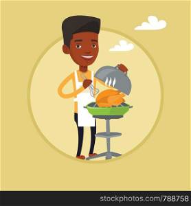 African-american man cooking chicken on barbecue grill outdoor. Man having barbecue party. Man preparing chicken on barbecue grill. Vector flat design illustration in the circle isolated on background. Man cooking chicken on barbecue grill.