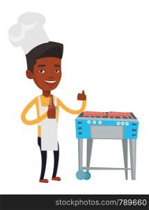 African-american man cooking meat on barbecue grill. Man with bottle in hand cooking meat on gas barbecue grill and giving thumb up. Vector flat design illustration isolated on white background.. Man cooking meat on gas barbecue grill.