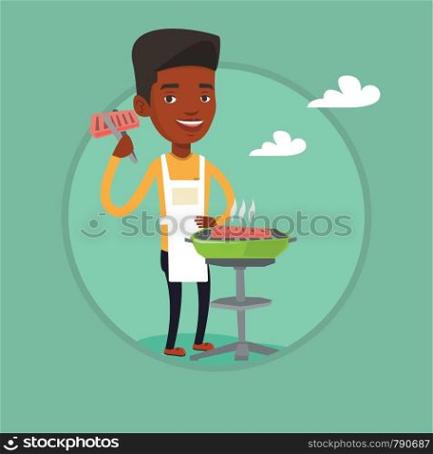 African-american man cooking meat on the barbecue grill. Man preparing steak on the barbecue grill. Man having outdoor barbecue. Vector flat design illustration in the circle isolated on background.. Man cooking steak on barbecue grill.