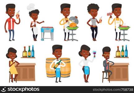 African-american man cooking steak on the barbecue grill. Man preparing steak on the barbecue grill. Man having outdoor barbecue. Set of vector flat design illustrations isolated on white background.. Vector set of people eating and drinking.