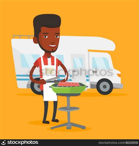 African-american man cooking steak on the barbecue grill on the background of camper van. Young man travelling by camper van and having barbecue party. Vector flat design illustration. Square layout.. Man having barbecue in front of camper van.