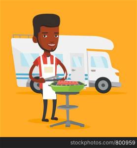 African-american man cooking steak on the barbecue grill on the background of camper van. Young man travelling by camper van and having barbecue party. Vector flat design illustration. Square layout.. Man having barbecue in front of camper van.