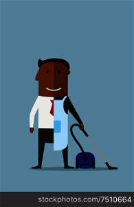 African american man divided into two parts, one half of businessman in suit and another half as ordinary man in apron with vacuum cleaner, for balance concept design. Cartoon style. One half manager at work, another home
