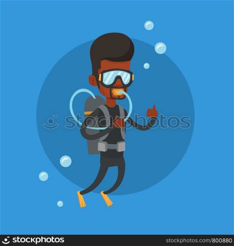 African-american man diving with scuba and showing thumb up. Young man in diving suit snorkeling and giving thumb up. Man enjoying the dive. Vector flat design illustration. Square layout.. Man diving with scuba and showing thumb up.