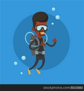 African-american man diving with scuba and showing thumb up. Young man in diving suit snorkeling and giving thumb up. Man enjoying the dive. Vector flat design illustration. Square layout.. Man diving with scuba and showing thumb up.