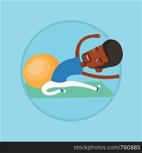 African-american man doing stretching on exercise mat. Sportsman stretching before training. Sportsman doing stretching exercises. Vector flat design illustration in the circle isolated on background.. Young man exercising with fitball.