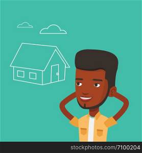 African-american man dreaming about future life in a new house. Smiling man planning his future purchase of house. Man thinking about buying a house. Vector flat design illustration. Square layout.. Man dreaming about buying new house.
