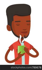 African-american man drinking hot flavored coffee. Young man holding cup of coffee with steam. Man with his eyes closed enjoying coffee. Vector flat design illustration isolated on white background.. Man enjoying cup of hot coffee vector illustration