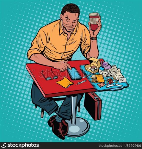 African American man eating at the restaurant fasfud and reads smartphone, pop art retro illustration