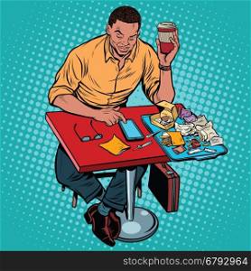 African American man eating at the restaurant fasfud and reads smartphone, pop art retro illustration
