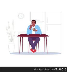 African american man eating dessert semi flat RGB color vector illustration. Dark skin guy enjoying sweet food, delicious chocolate cake isolated cartoon character on white background